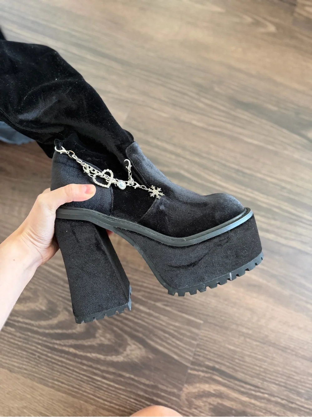 Dolls Kill BRATZ Black Velvet Over-the-Knee Platform Boots with Chain Accent